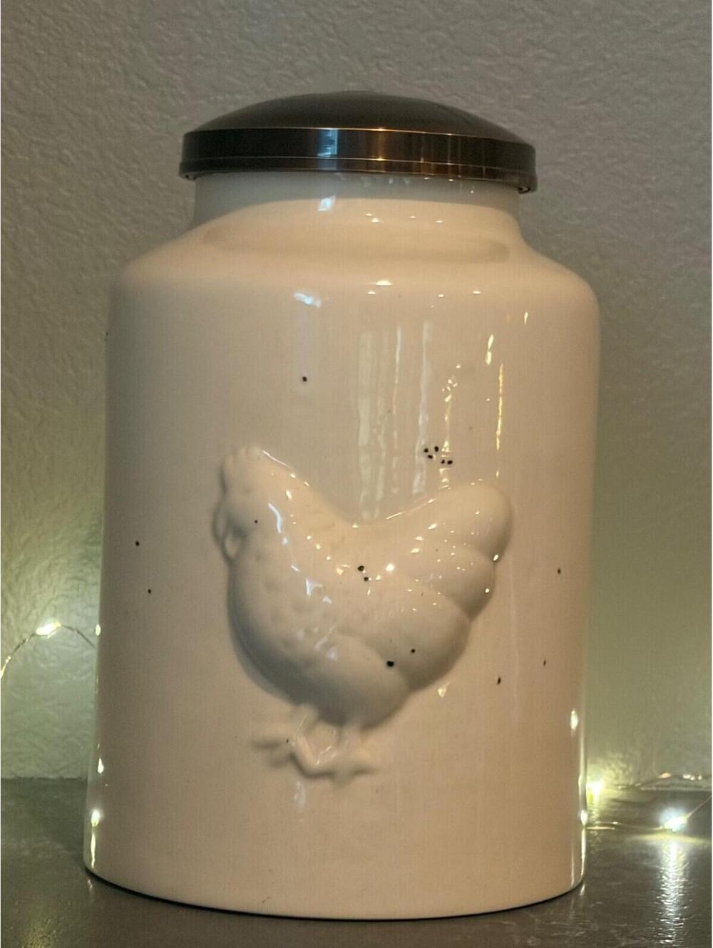 Vintage CreamSpeckled Ceramic Rooster Canister with brushed bronze metal lid